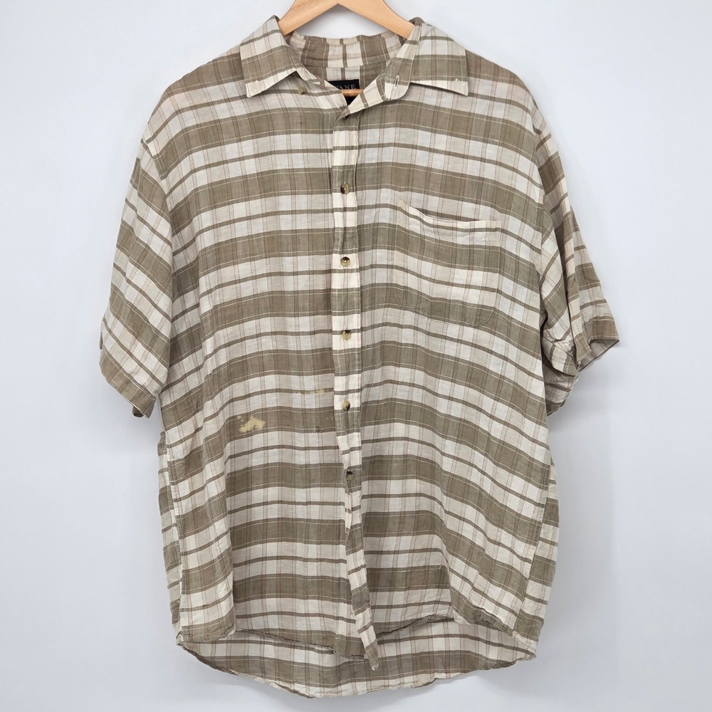 Savane Men Large Linen Cotton Plaid Short Sleeve Button Down Shirt Rework FLAWS